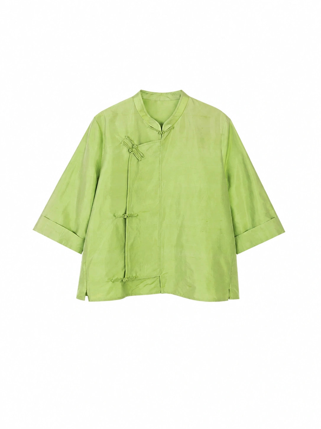 Front view of a jade green mulberry silk top with a stand collar and Chinese-inspired button closures