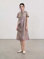 Full-length front view of the Jiangnan-inspired silk qipao with short sleeves and layered hem