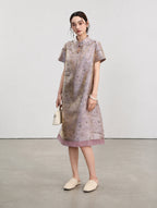 Three-quarter view of the light lavender silk qipao showing its softly flared A-line silhouette