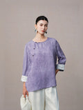 Women's lilac Chinese style blouse made from viscose and mulberry silk.