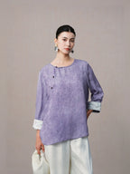 Women's lilac Chinese style blouse made from viscose and mulberry silk.