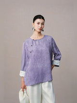 Women's lilac Chinese style blouse made from viscose and mulberry silk.