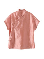 Gambiered Silk coral pink mulberry silk top with tonal geometric jacquard, a Mandarin collar and knotted closures