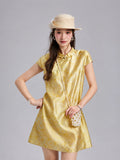 Front view of a champagne-gold jacquard dress with an asymmetric neckline and decorative trim.