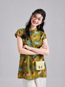 Gambiered Silk rabbit-print rayon top featuring a Mandarin collar, decorative closures and a relaxed silhouette