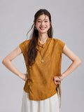 Gambiered Silk antique-gold top featuring a Mandarin collar, asymmetric neckline and ribbon-tie closures.