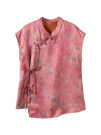 Gambiered Silk mulberry-rose silk top with a floral print, Mandarin collar and side bow ties.