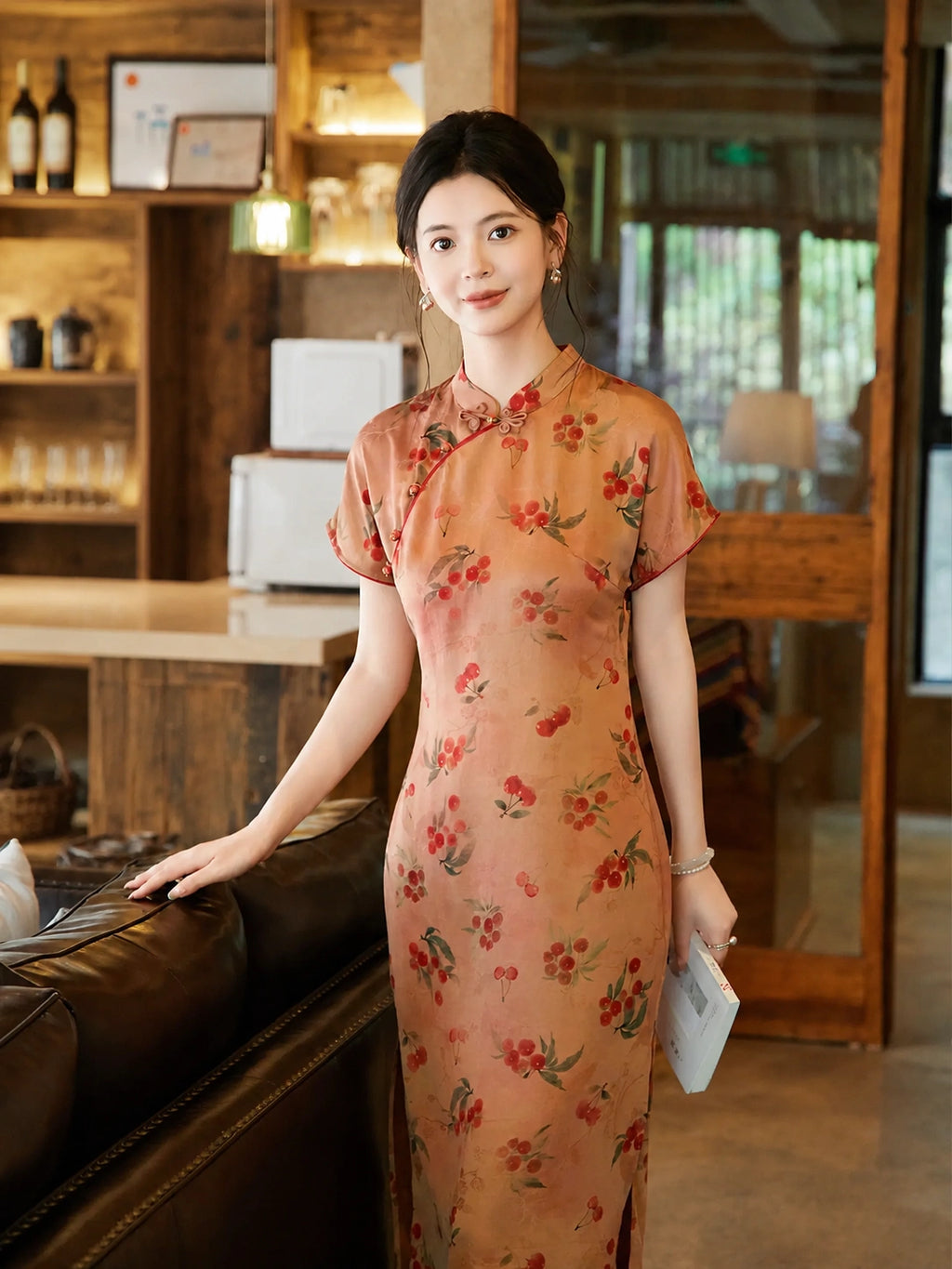 Gambiered Silk women's mulberry silk cherry print cheongsam dress front view