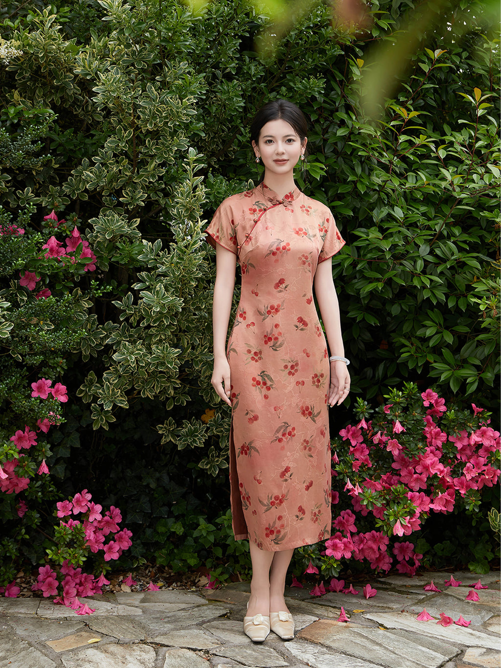 Full-length mulberry silk cheongsam dress in cherry floral print