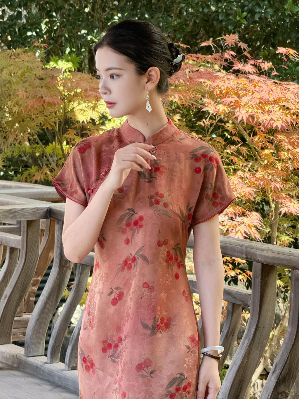 Side view of mulberry silk cherry print cheongsam dress