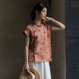 Gambiered Silk mulberry silk cherry print mandarin collar top