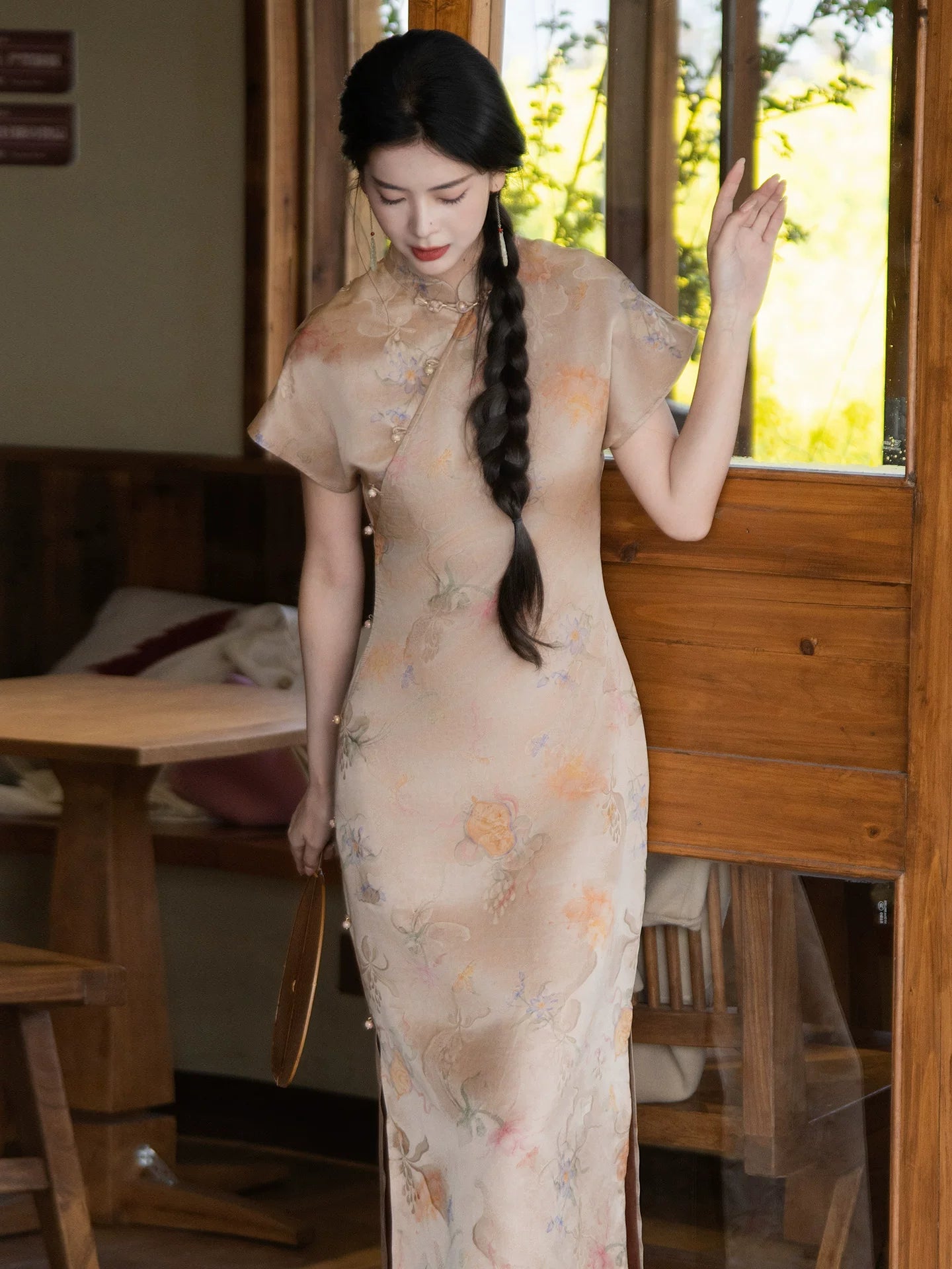 Gambiered Silk floral mulberry silk cheongsam dress in everyday styling