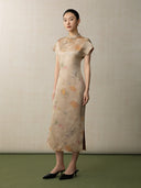Full-length mulberry silk floral cheongsam dress