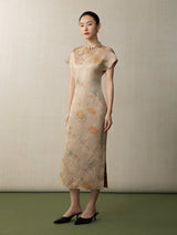 Full-length mulberry silk floral cheongsam dress