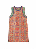 Front product view of a multicolor Shu brocade silk dress with a round neck and contrasting green panels.