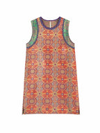 Front product view of a multicolor Shu brocade silk dress with a round neck and contrasting green panels.