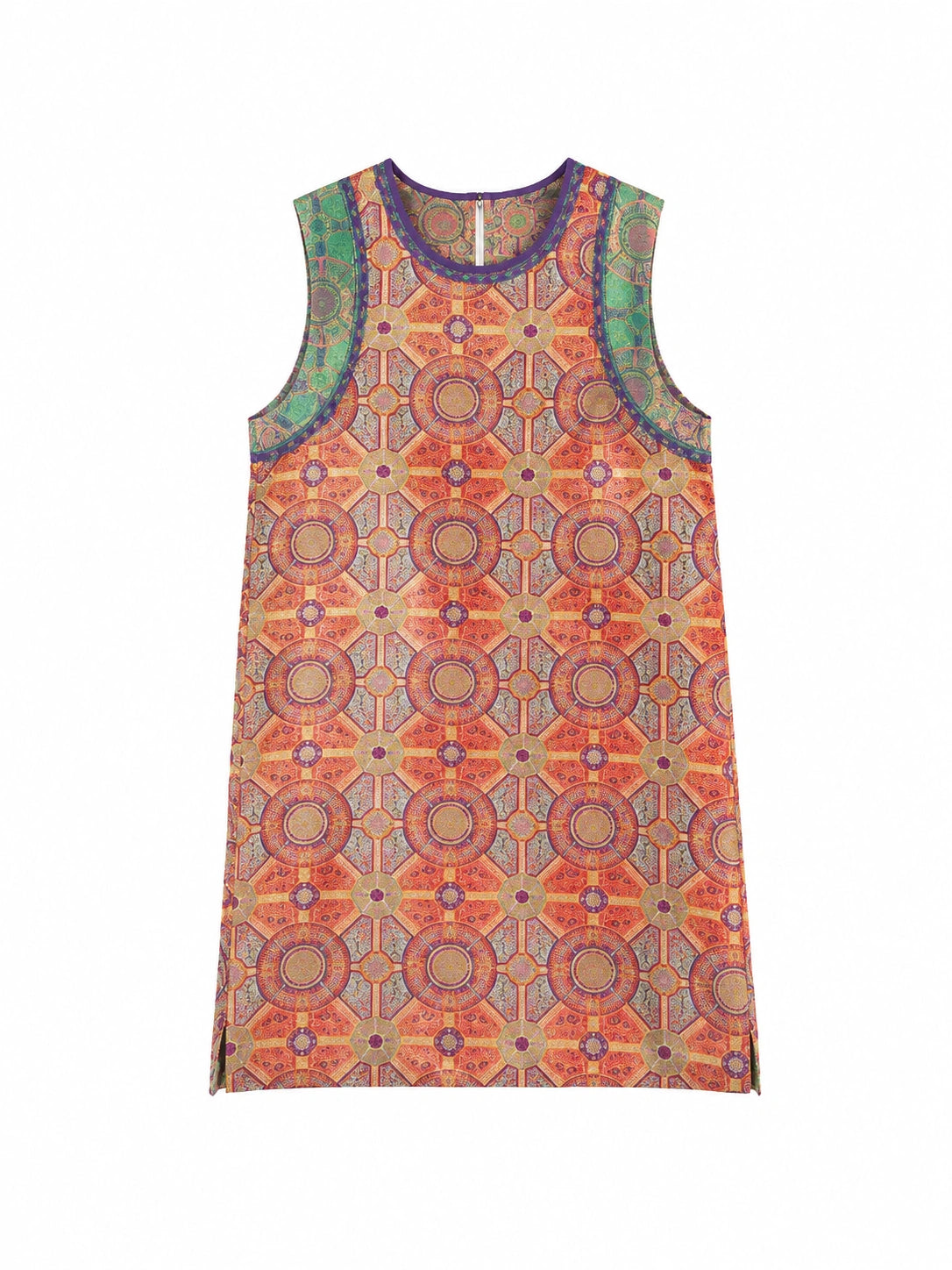 Front product view of a multicolor Shu brocade silk dress with a round neck and contrasting green panels.