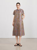 Front view of the New Chinese A-line dress in 100% mulberry silk with a muted multicolor pattern.