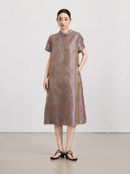 Front view of the New Chinese A-line dress in 100% mulberry silk with a muted multicolor pattern.