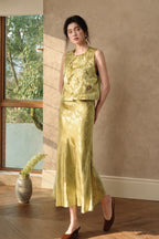 Olive floral-embroidered sleeveless vest styled as an elegant New Chinese summer outfit
