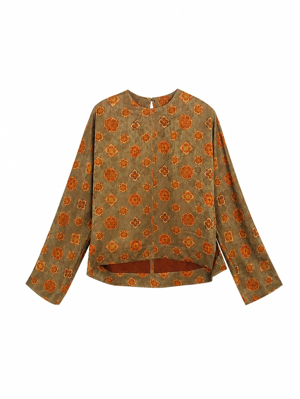 Front view of an olive floral mulberry silk pullover top with long straight sleeves