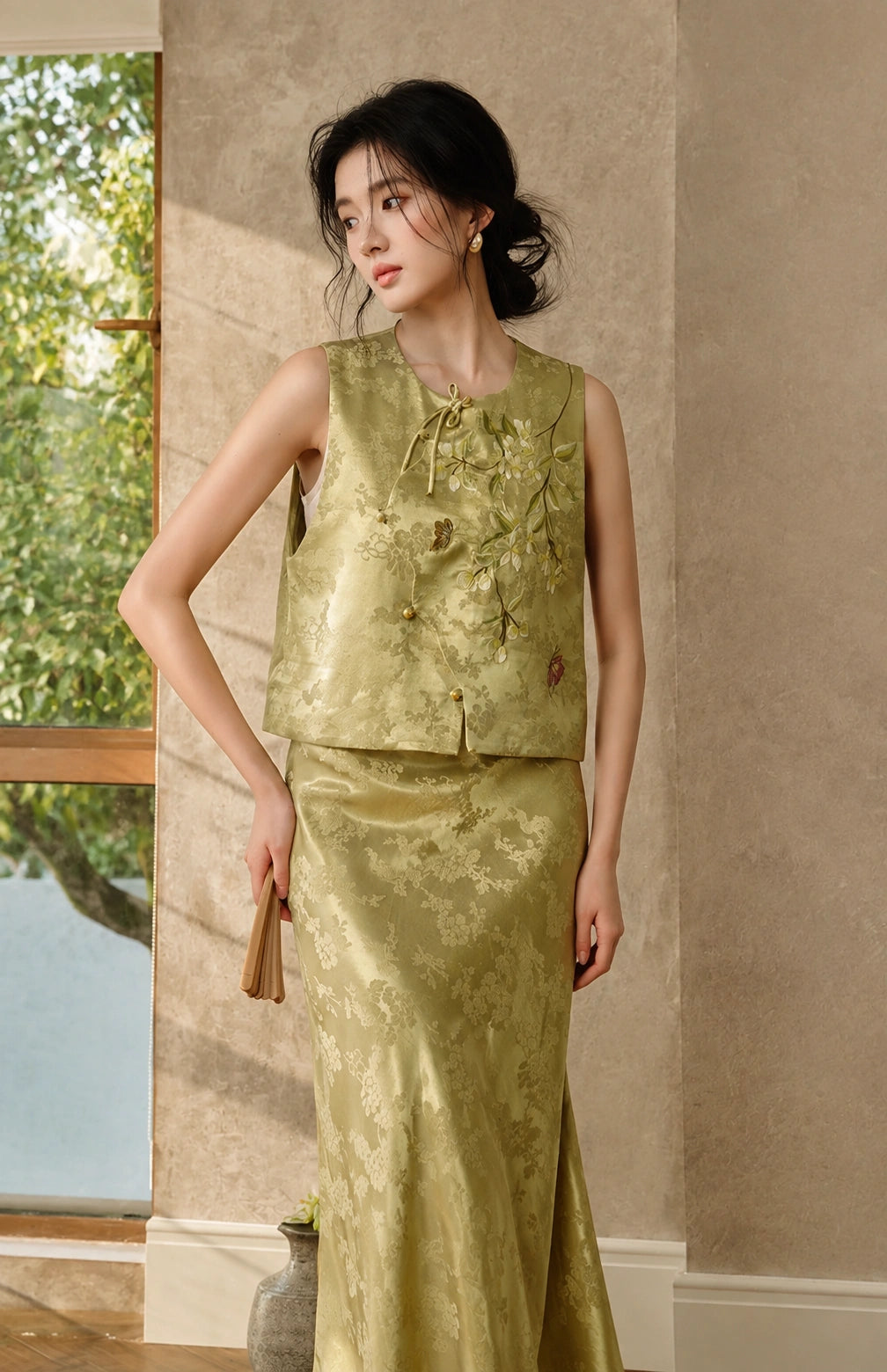 Front view of Gambiered Silk olive rayon-linen jacquard vest with floral embroidery