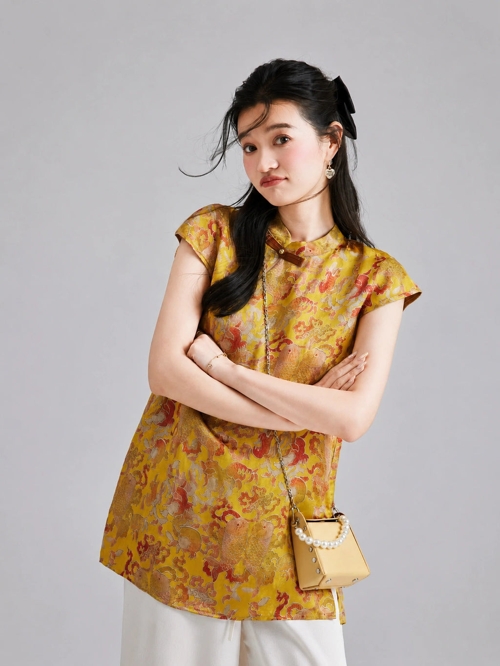 Gambiered Silk golden printed top featuring paired fish, botanical motifs, short sleeves and a Mandarin collar