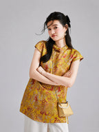 Gambiered Silk golden printed top featuring paired fish, botanical motifs, short sleeves and a Mandarin collar