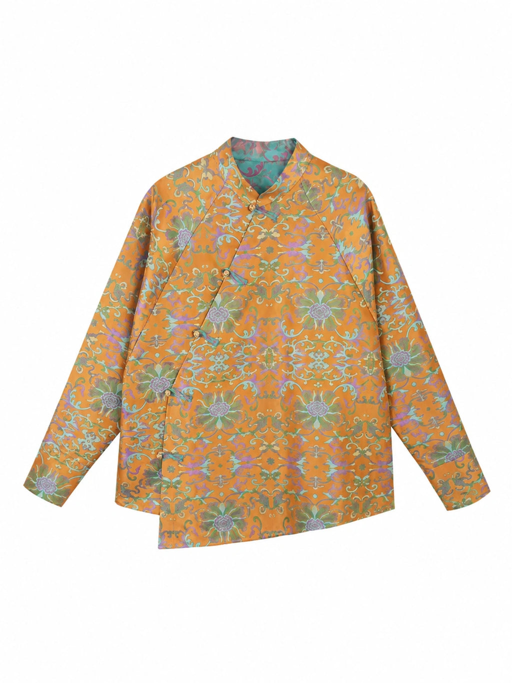 Front view of a patterned reversible mulberry silk jacket with straight sleeves