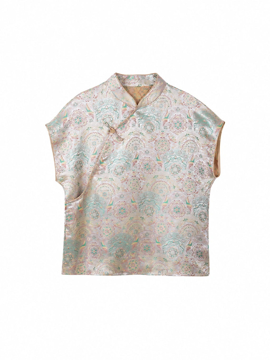 Front view of a patterned Chinese-style top with a mandarin collar and short sleeves