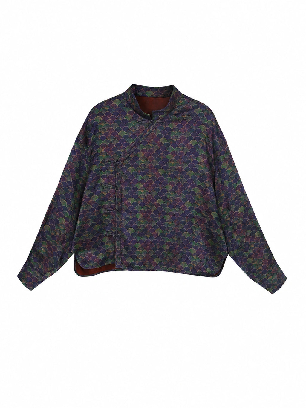 Front view of a dark patterned mulberry silk jacket with long straight sleeves