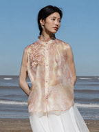 Women's blush pink mulberry silk embroidered sleeveless top with mandarin collar by Gambiered Silk.
