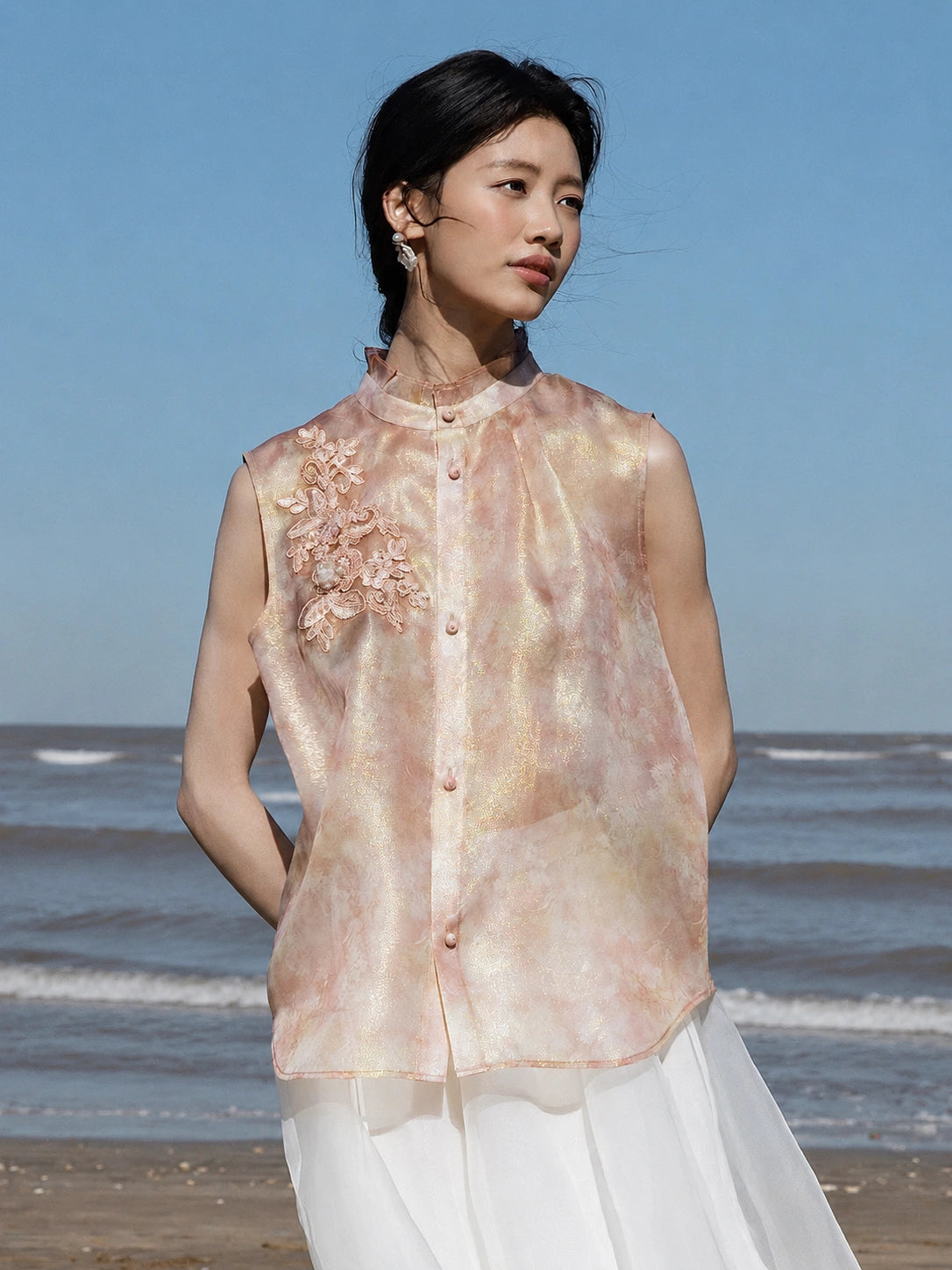 Women's blush pink mulberry silk embroidered sleeveless top with mandarin collar by Gambiered Silk.