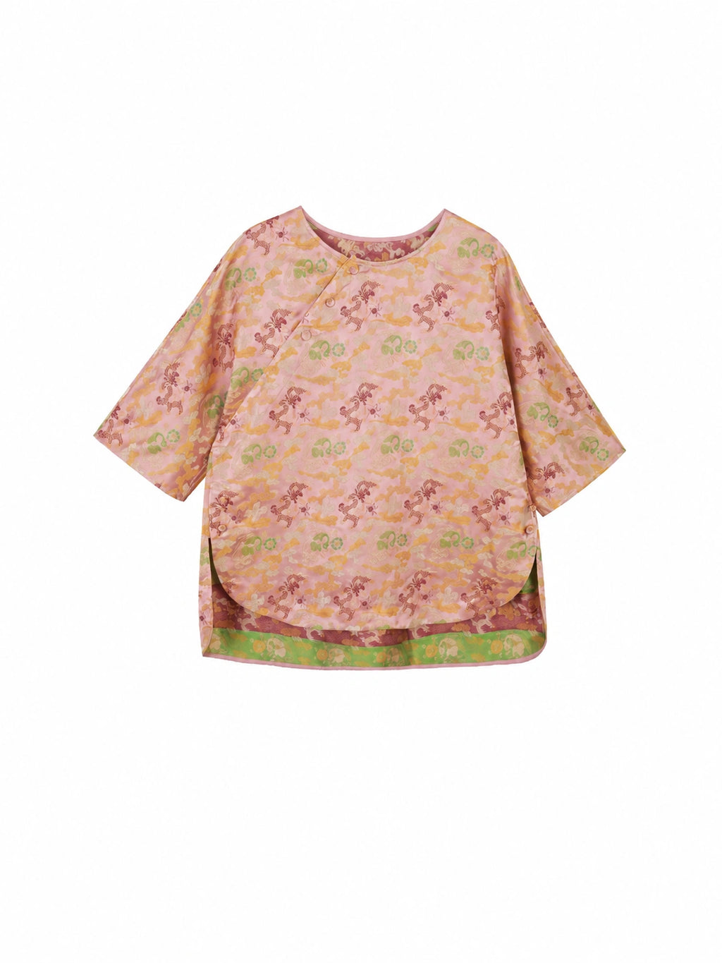 Front view of a pink patterned Song Brocade top with a round neckline and three-quarter sleeves