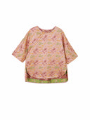 Front view of a pink patterned Song Brocade top with a round neckline and three-quarter sleeves
