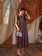 Model wearing a plum brown vintage-inspired 100% mulberry silk sleeveless dress