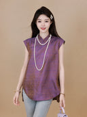 Model wearing a plum purple Chinese-style mulberry silk sleeveless top