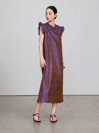 Full-length front view of a purple-bronze silk jacquard dress with a Mandarin collar and relaxed silhouette.