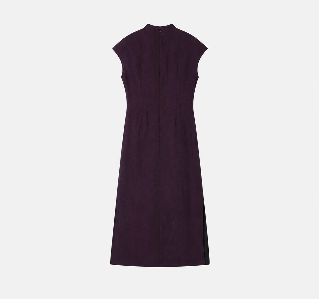 Back view of an aubergine purple mulberry silk qipao dress with a concealed zipper.