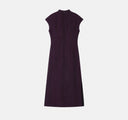 Back view of an aubergine purple mulberry silk qipao dress with a concealed zipper.