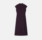 Back view of an aubergine purple mulberry silk qipao dress with a concealed zipper.
