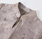Close-up of the stand collar, decorative knot button, long ties and Jiangnan jacquard pattern