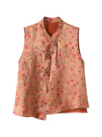 Gambiered Silk coral pink sleeveless silk vest with floral and rabbit motifs, a Mandarin collar and knotted closures