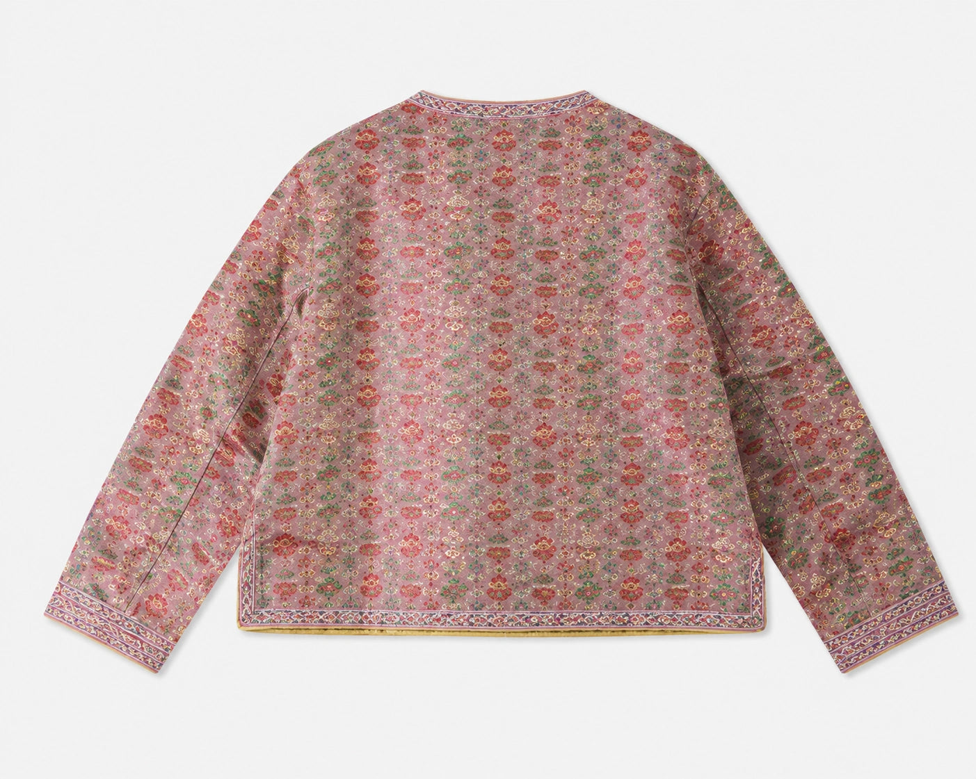 Back product view of the dusty mauve side of the reversible mulberry silk brocade jacket.
