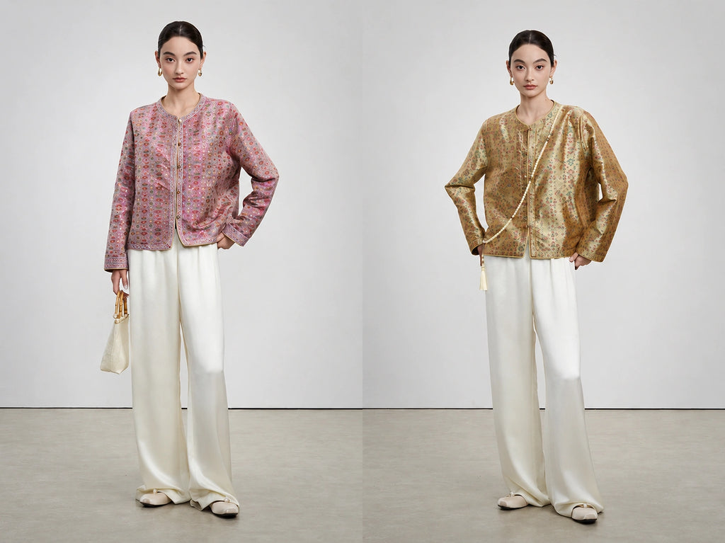 Antique gold and dusty mauve sides of the reversible 33 momme silk Shu brocade jacket.
