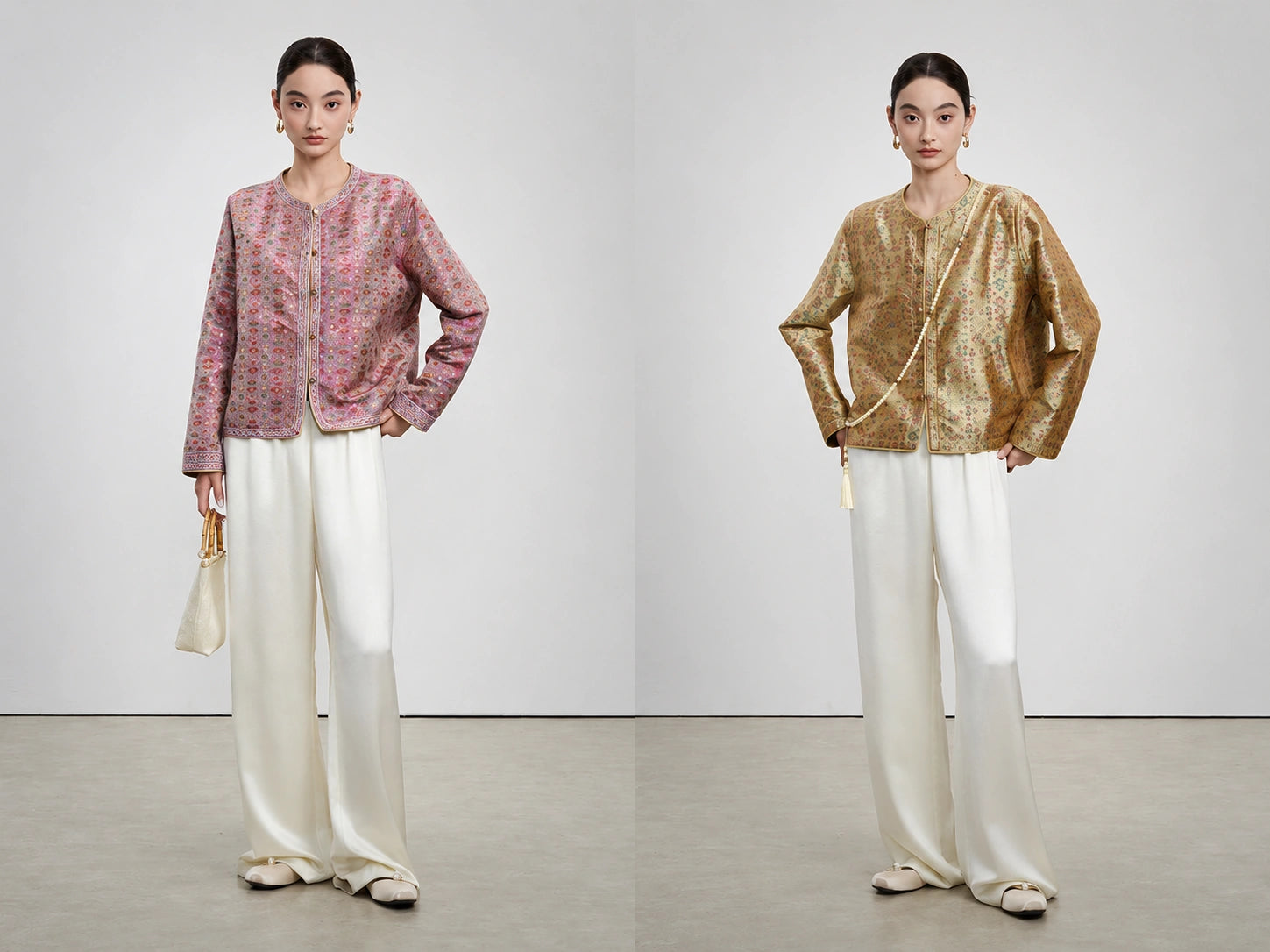 Antique gold and dusty mauve sides of the reversible 33 momme silk Shu brocade jacket.