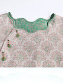 Neckline detail of the reversible pink and jade-green Song brocade silk dress.