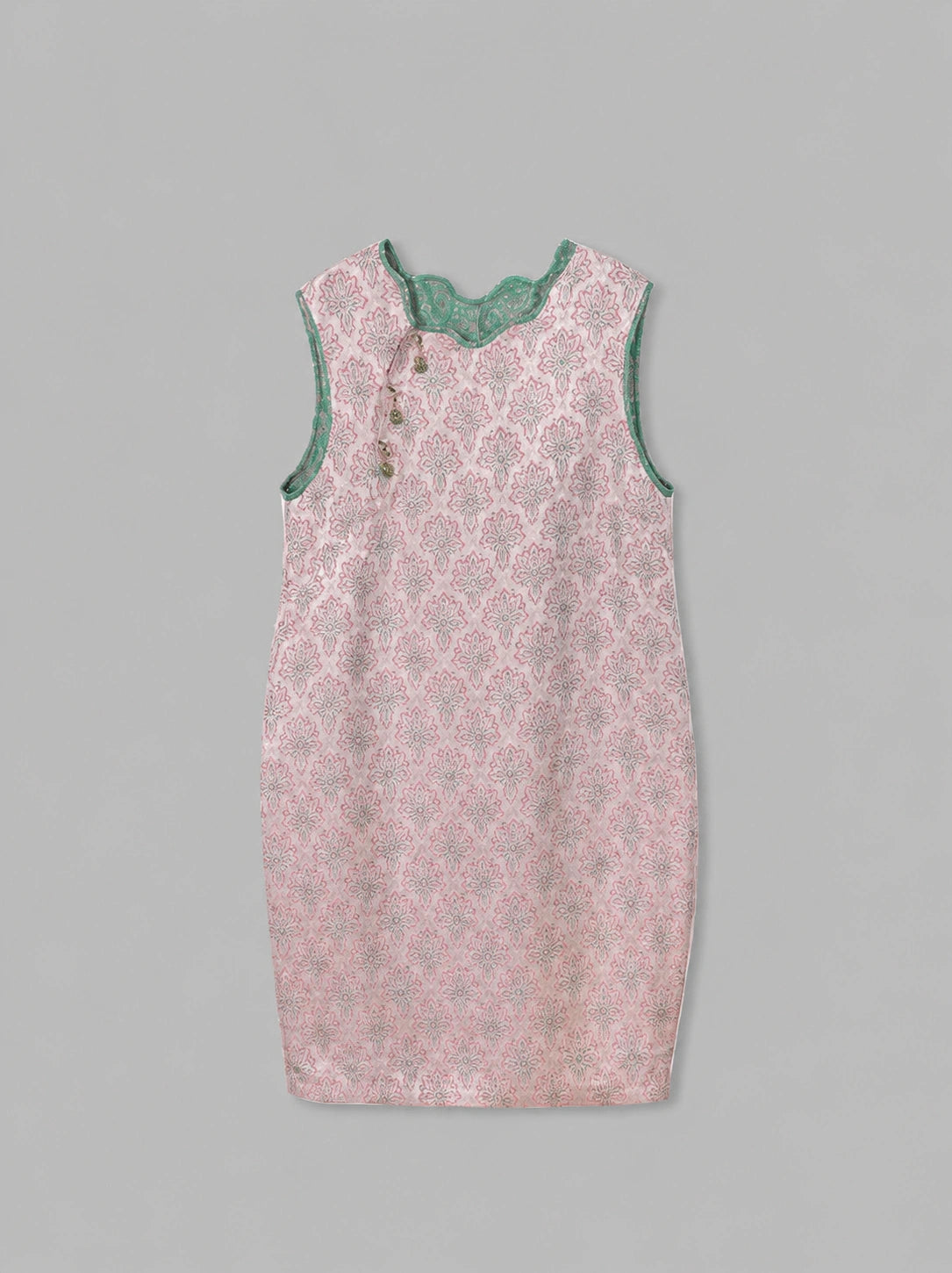 Blush-pink side of the sleeveless reversible Song brocade dress in a relaxed H silhouette.