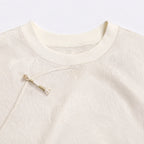 Close-up of the round neckline and diagonal Chinese-style closure