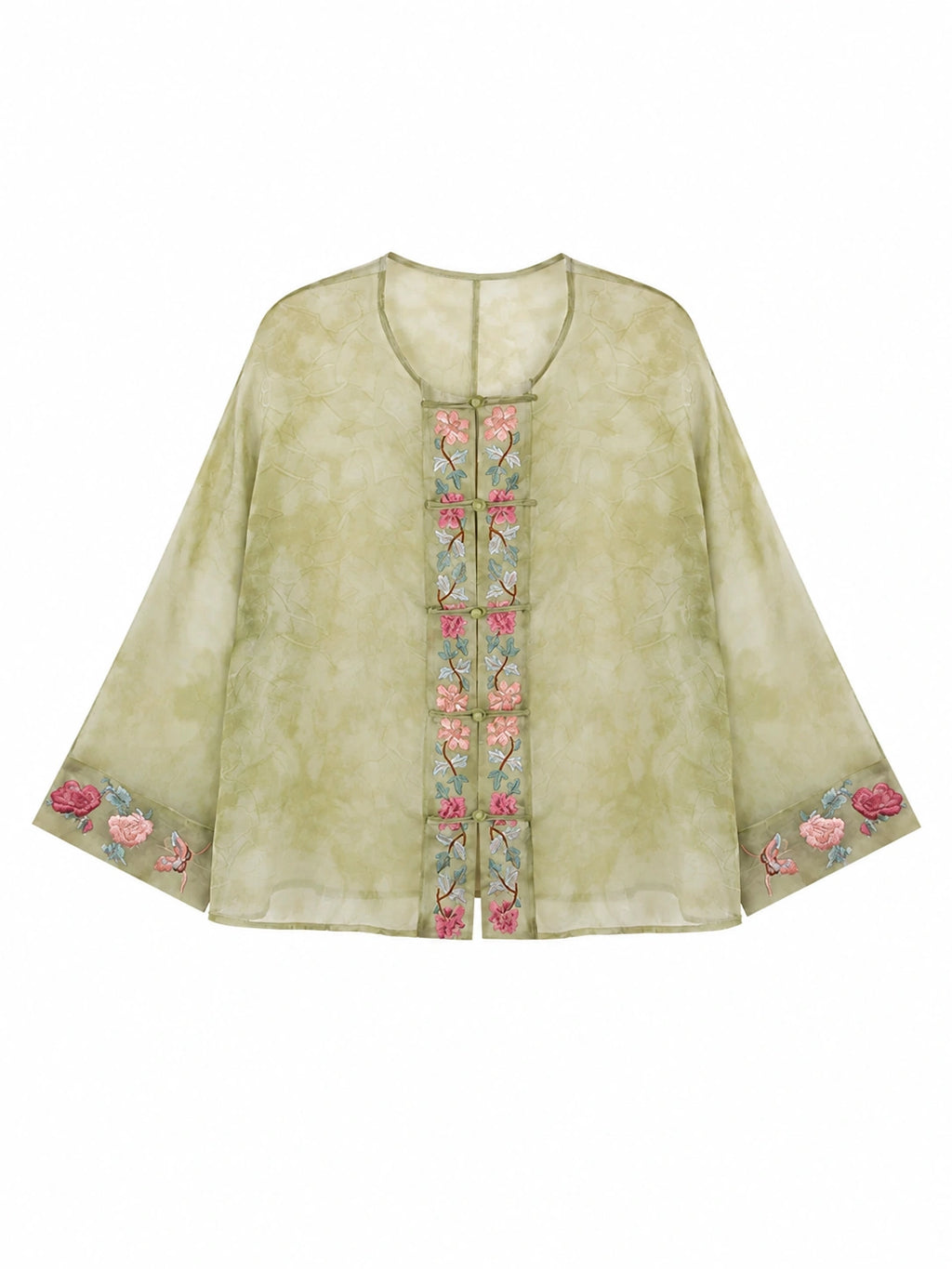 Front view of a sage green embroidered mulberry silk overshirt with long straight sleeves